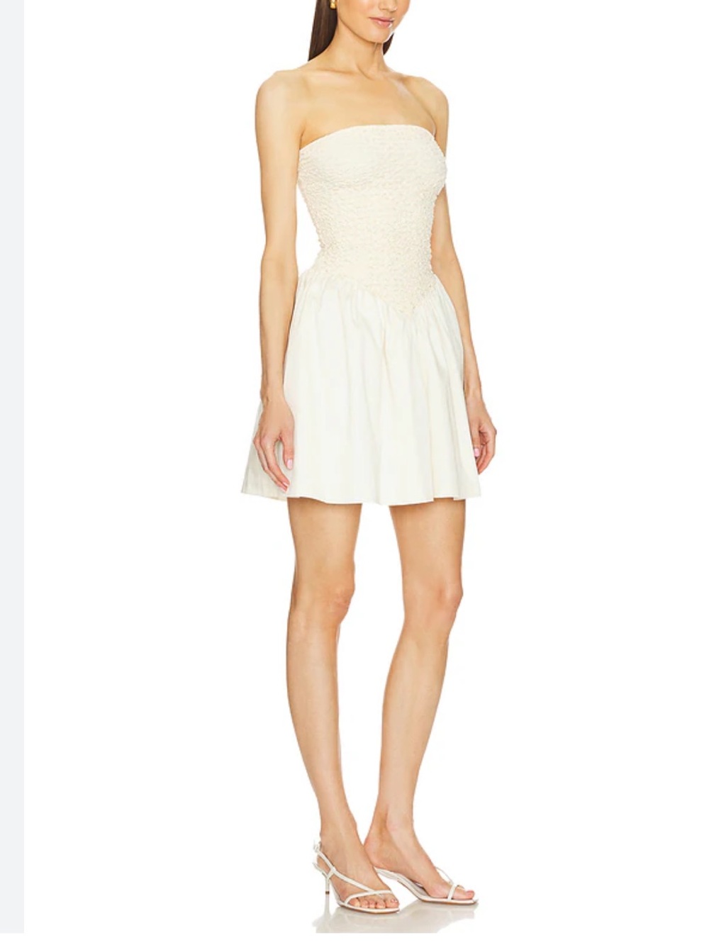 Revolve LPA Stacci Strapless Smocked Mini Dress in Beige & Cream Size M